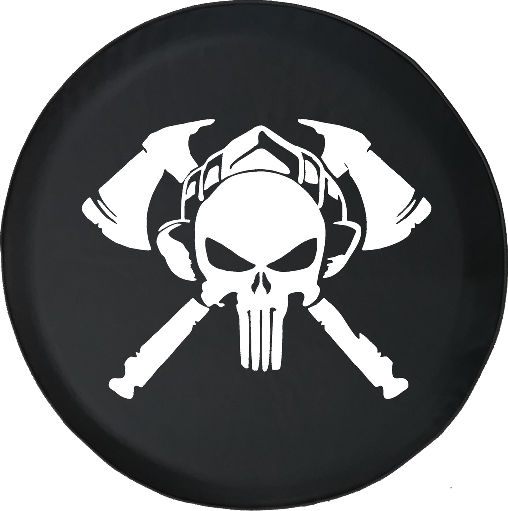 Fire Department Punisher Skull Shield Helmet with Crossed Axes Offroad Jeep RV Camper Spare Tire Cover J370 - TireCoverPro 