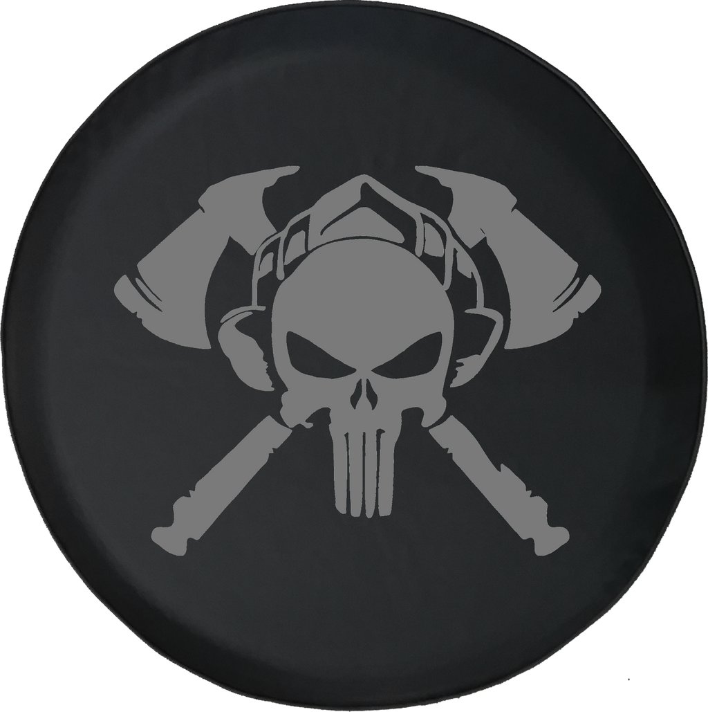 Fire Department Punisher Skull Shield Helmet with Crossed Axes Offroad Jeep RV Camper Spare Tire Cover J370 - TireCoverPro 