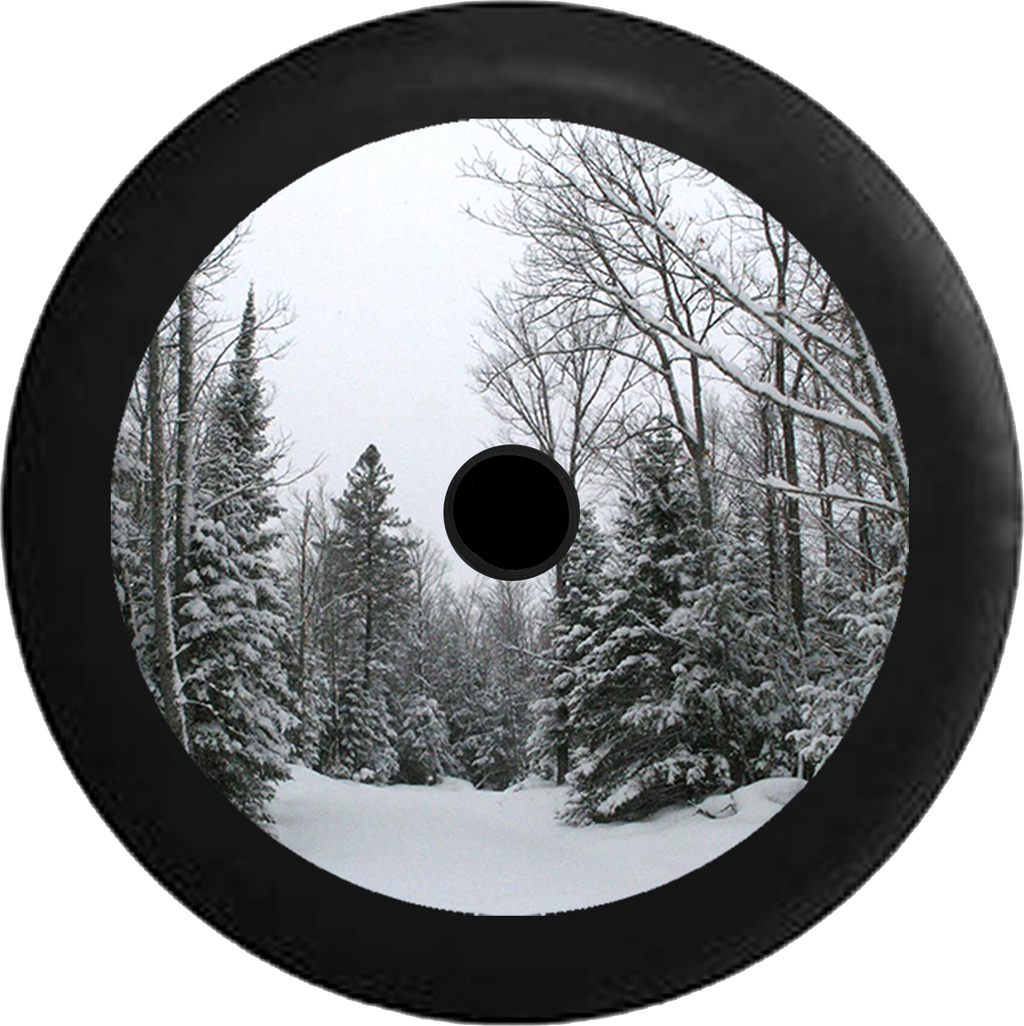 Jeep Wrangler JL Backup Camera Snow Covered Pine Trees Winter Scene Jeep Camper Spare Tire Cover 35 inch R106