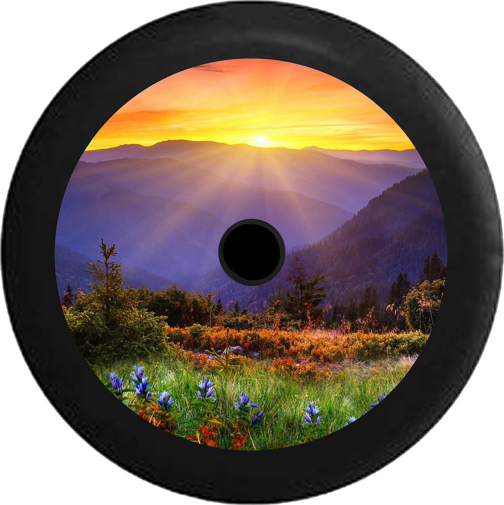 Jeep Wrangler JL Backup Camera Sunrise Sunset behind Mountain Range field of Flowers Jeep Camper Spare Tire Cover 35 inch R113