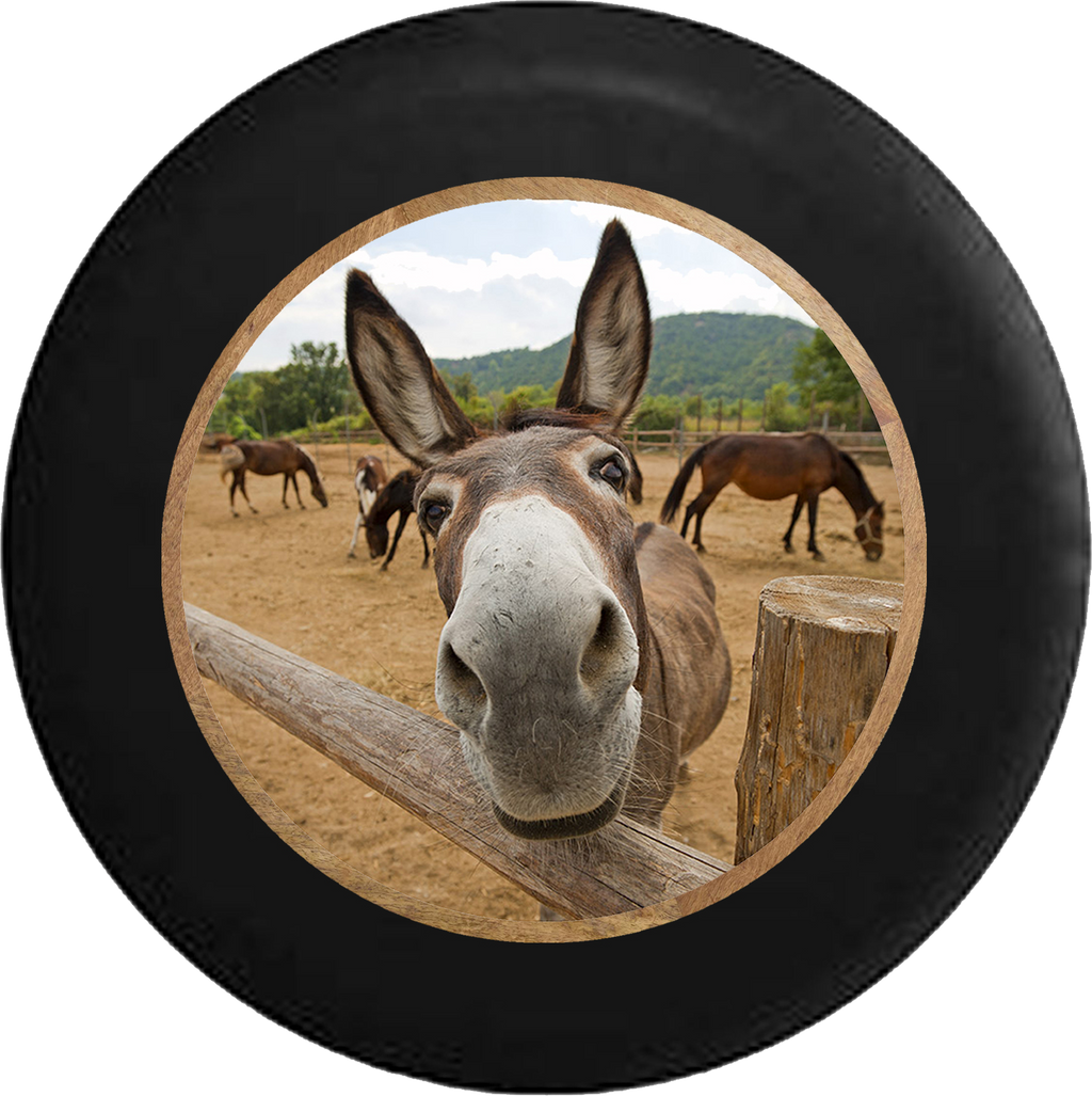 Full Color Curious Donkey Mule Horse Looking over Split Log Fence Jeep Camper Spare Tire Cover 35 inch R231