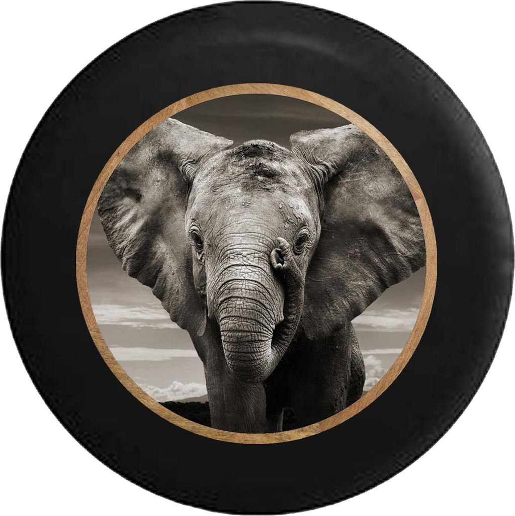 Grey Elephant Closeup - Gentle Giant Jeep Camper Spare Tire Cover BLACK-CUSTOM SIZE/COLOR/INK- R296 - TireCoverPro 