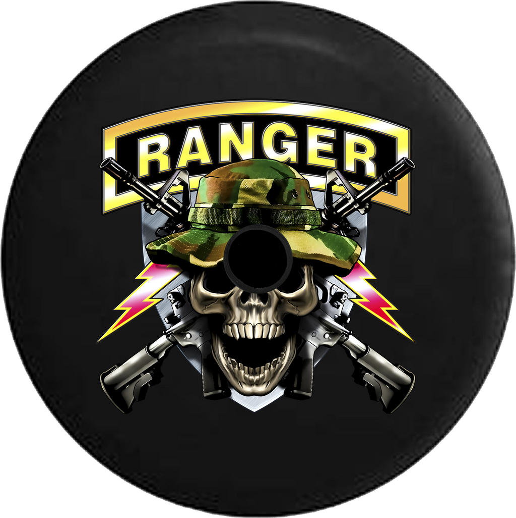 Jeep Wrangler JL Backup Camera Day Army Ranger Skull in Camo Hat Military Rifles Shield RV Camper Spare Tire Cover-35 inch