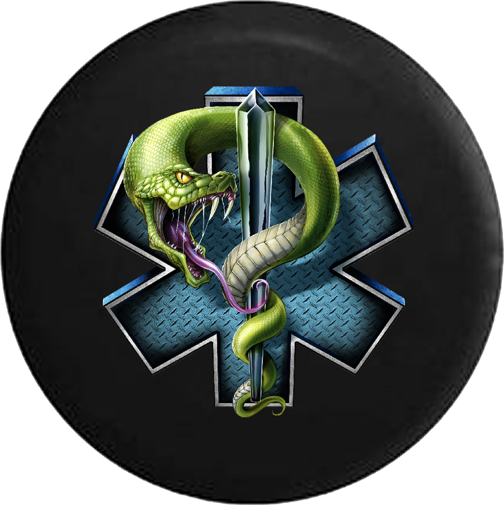 Green Snake Blue Diamond Plate EMS Emergency Medical RV Camper Spare Tire Cover-35 inch