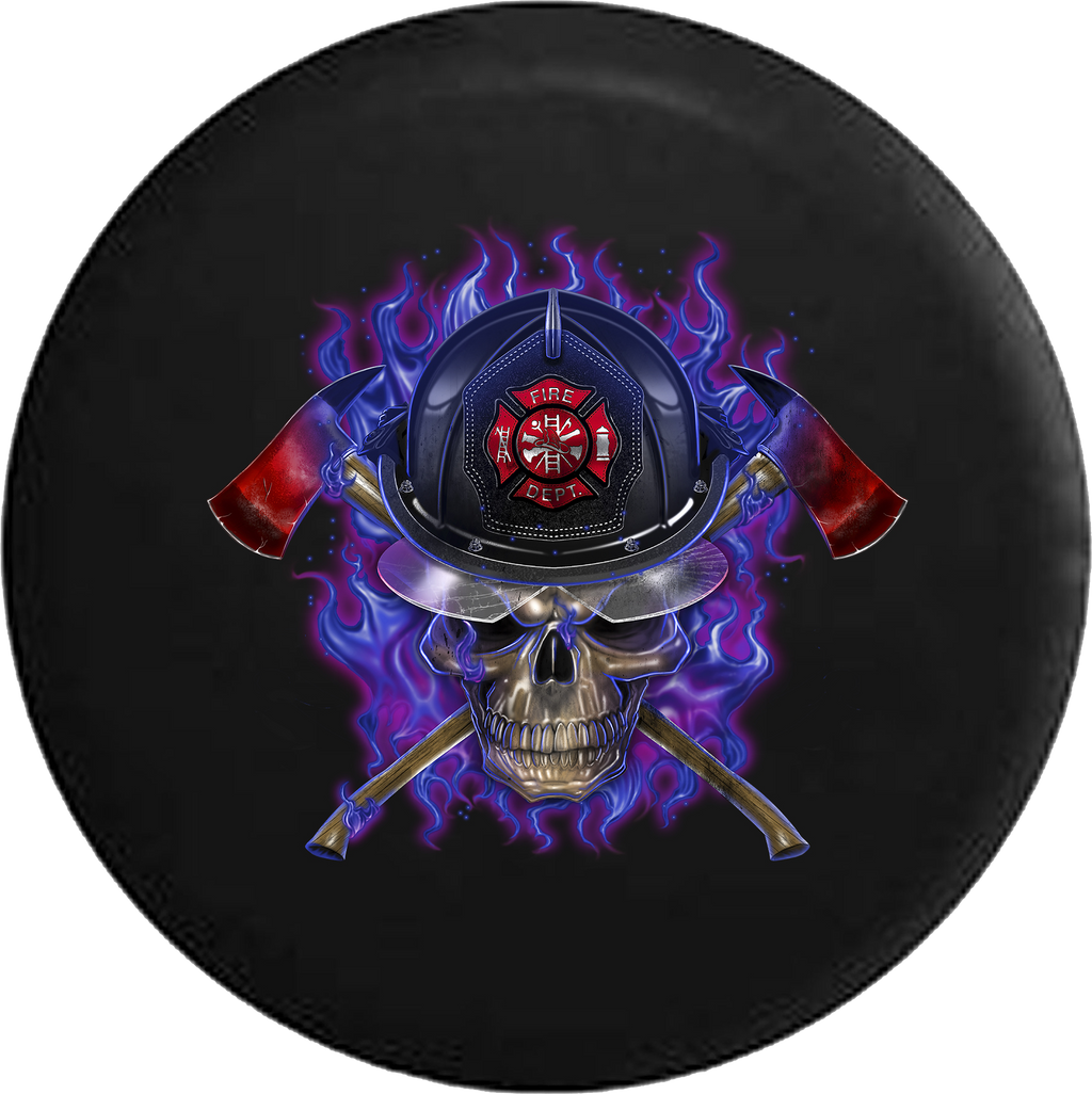 Flaming Hot Fire Fighter Helmet on Skull Crossed Axes RV Camper Spare Tire Cover-35 inch