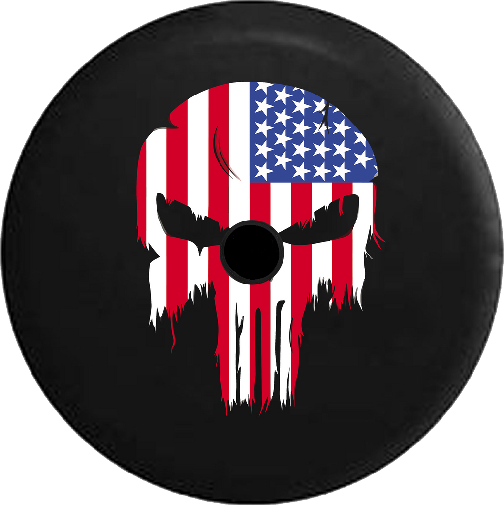 Jeep Wrangler JL Backup Camera Day Tattered American Flag Punisher Skull RV Camper Spare Tire Cover-35 inch