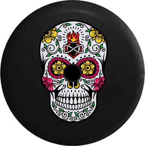 Jeep Wrangler JL Backup Camera Day Sugar Skull Tattoo Rose Heart Eyes RV Camper Spare Tire Cover-35 inch