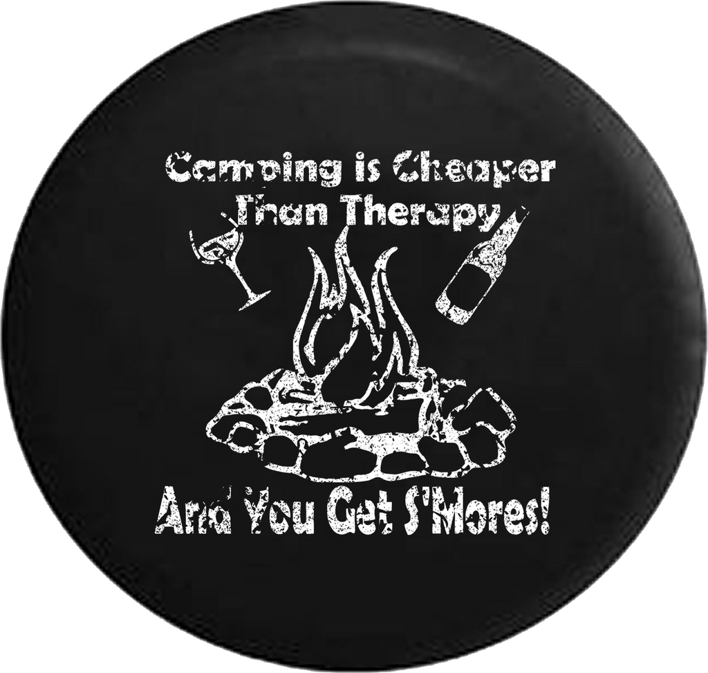 Distressed - Camping is Cheaper than Therapy & You Get S'mores Travel Jeep Camper Spare Tire Cover J259 35 inch