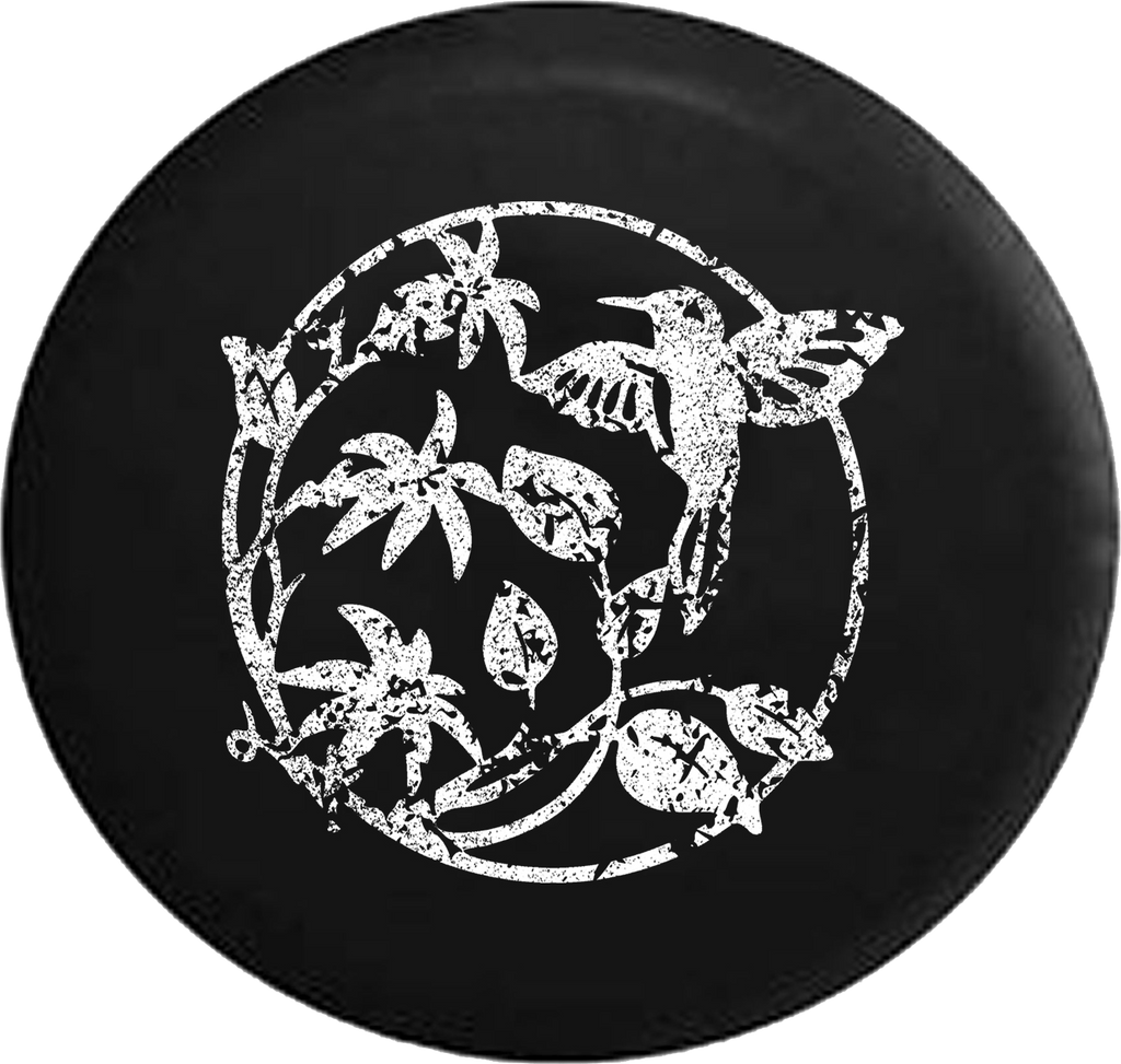 Distressed - Hummingbird on Flowers & Leaves Jeep Camper Spare Tire Cover T016 35 inch